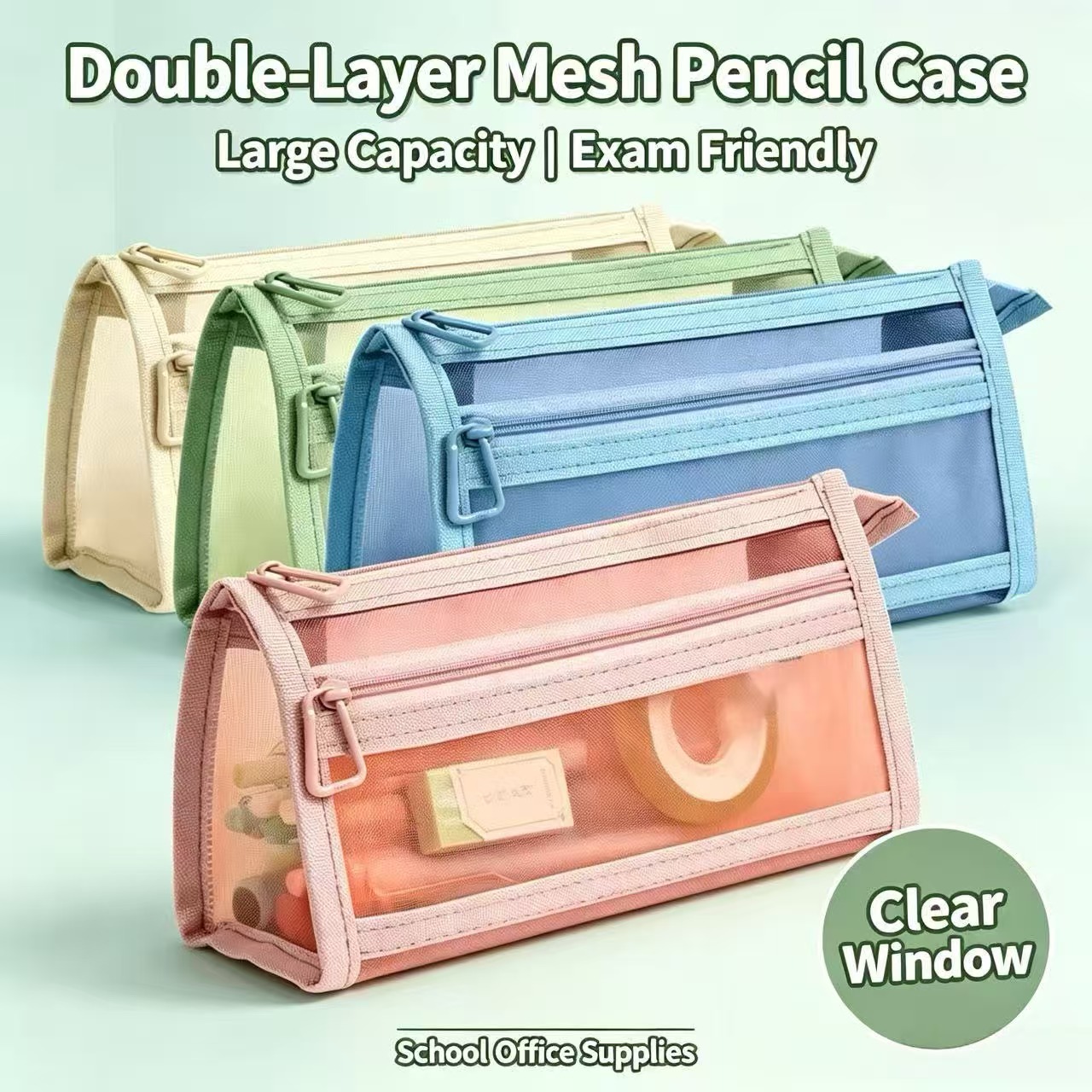 Clear Mesh Pencil Pouch For Exam - 二重層クリアメッシュペンケース大容量透明ペンバッグシンプルな試験文具ポーチ高美的学生用品