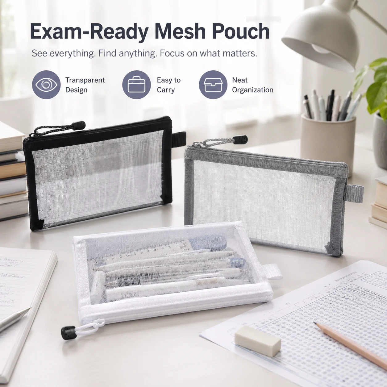 Clear Mesh Pencil Pouch For Exam - 透明メッシュペンケース クリアジッパーペンバッグ 試験用文具ポーチ 学校事務用品収納オーガナイザー