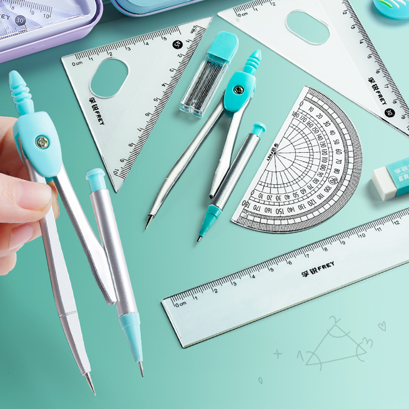 Math Geometry Set With Compass - 7 個のステンレス鋼コンパスセット数学幾何学ツール消しゴム定規学生大工製図描画学用品