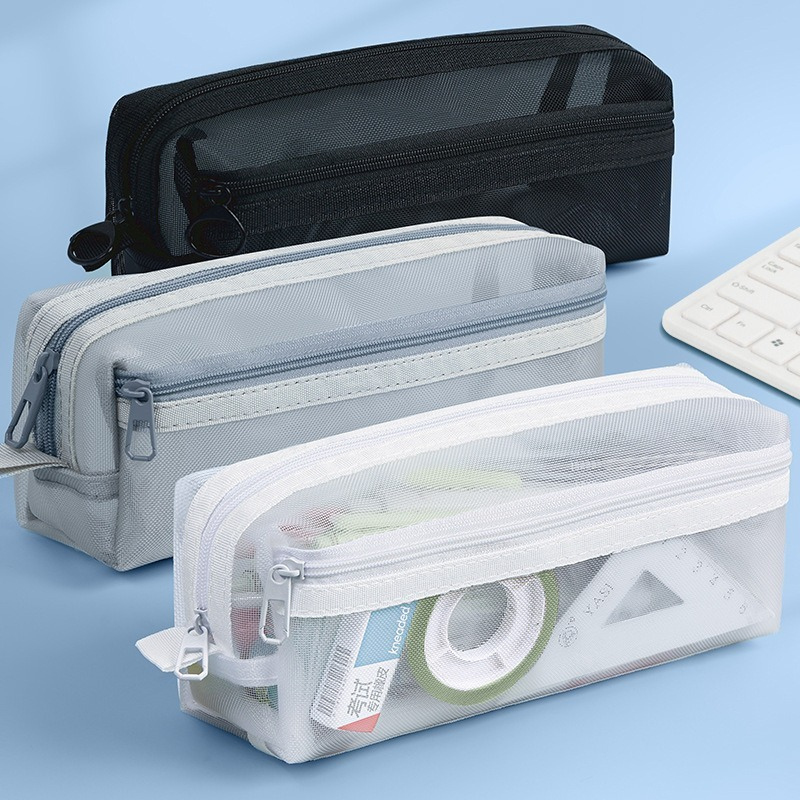 Clear Mesh Pencil Pouch For Exam - 二重層透明メッシュペンケース試験専用文具バッグ大容量クリアペンポーチポータブルジッパー収納オーガナイザー