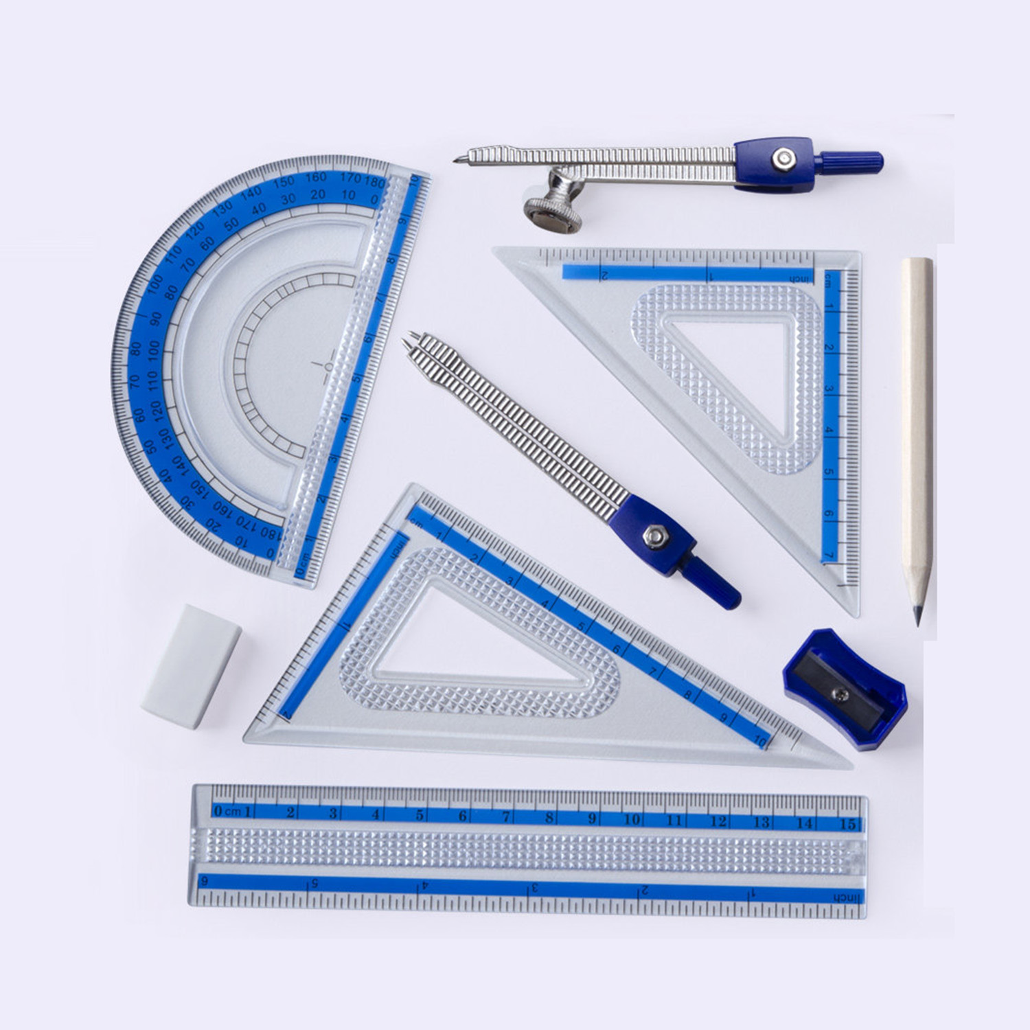 Math Geometry Set With Compass - 10点セット 幾何学数学セット 飛散防止収納ボックス 定規 分度器 コンパス
