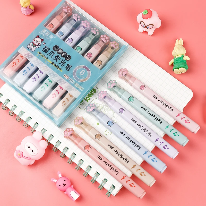 Pastel Highlighter Set Double Ended - 6 ピース/パックかわいい猫の爪パステルカラー蛍光ペン描画アートマーカー蛍光ペンギフト文具かわいい学用品