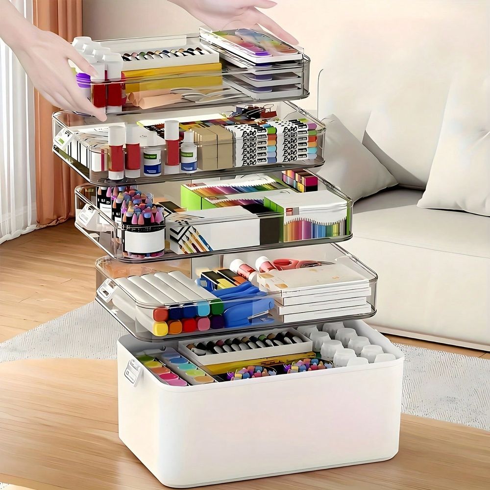 Stationery - 透明な多層式薬箱、大容量ポータブル仕切り付き収納ケース、お手入れが簡単な透明収納ケース（薬、オフィス文具、裁縫道具、バスルーム用品、家庭旅行用）