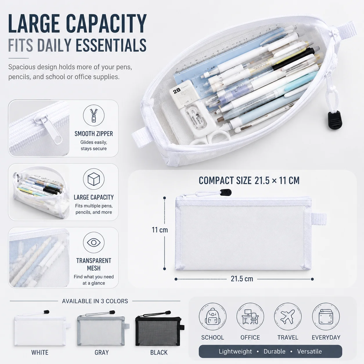 透明メッシュペンバッグ クリアジッパーペンシルケース 試験用 - Clear Mesh Pencil Pouch For Exam のレビューと価格