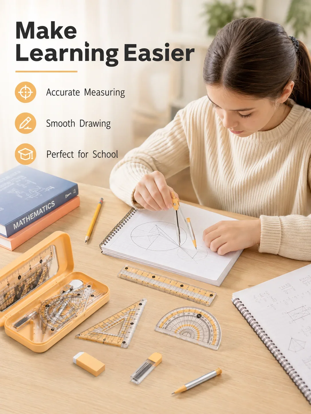 学生向け8点セット数学幾何学セット、コンパス、分度器、定規、 - Math Geometry Set With Compass のレビューと価格