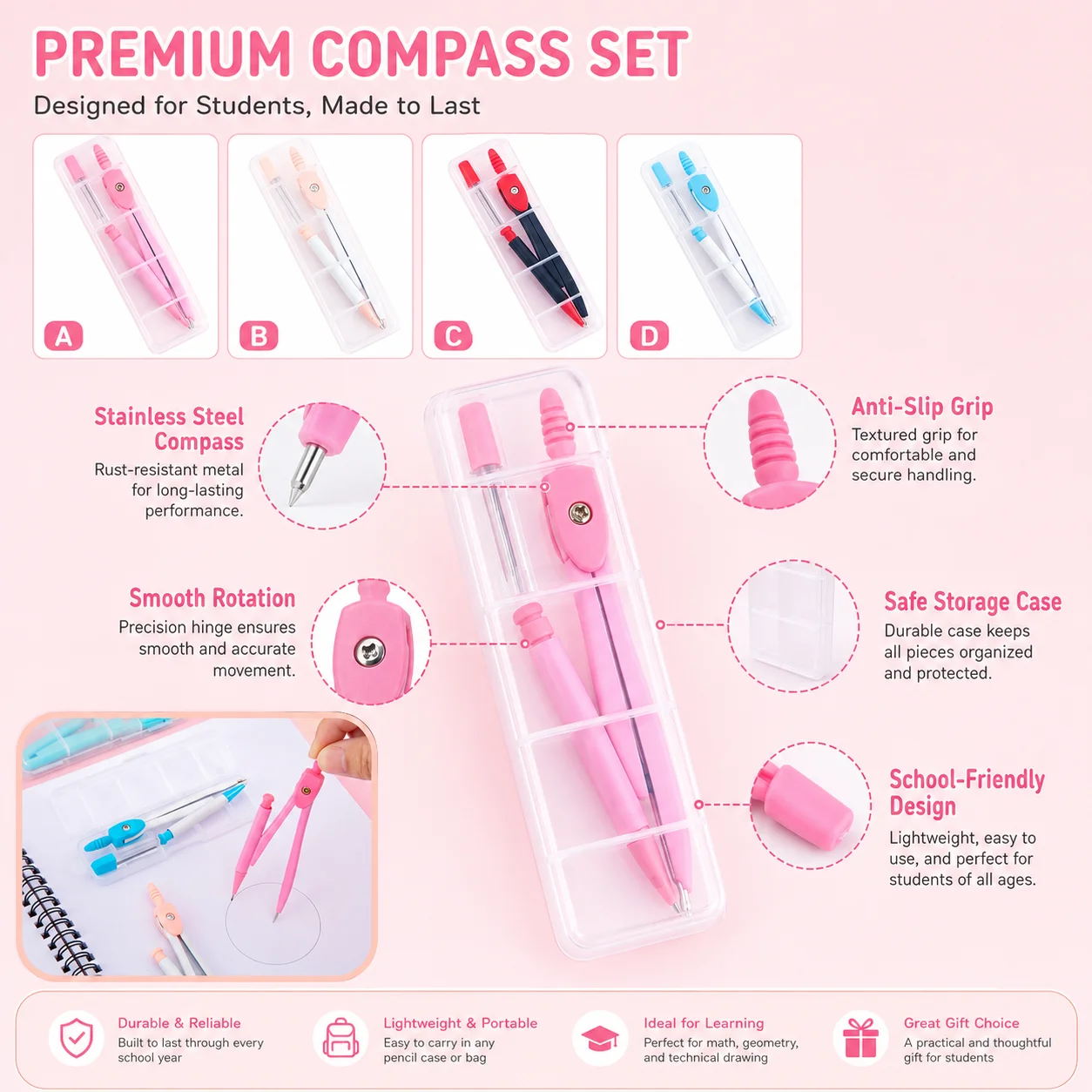 ステンレス製コンパスセット、学生向け幾何学製図キット、定規と - Math Geometry Set With Compass のレビューと価格
